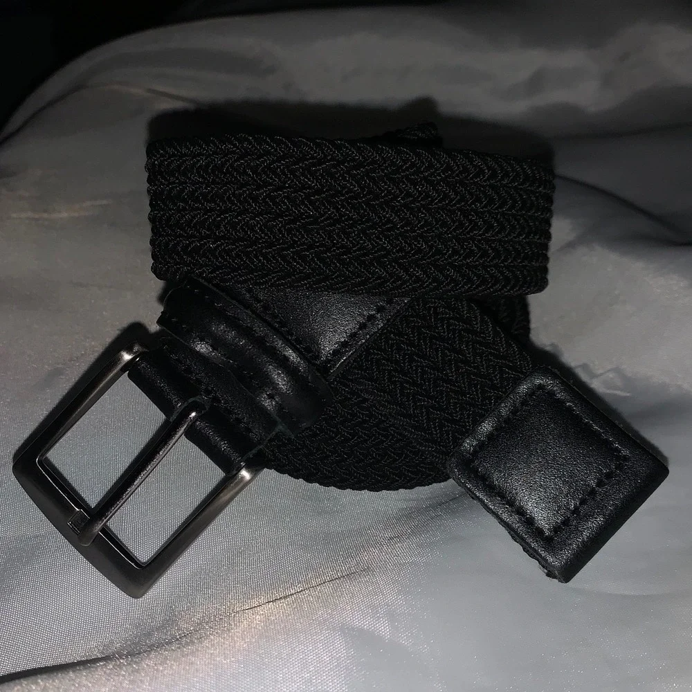 Mens Black Braided Elastic Stretch Belt Leather Trim Silver Buckle Size‎ 40 14